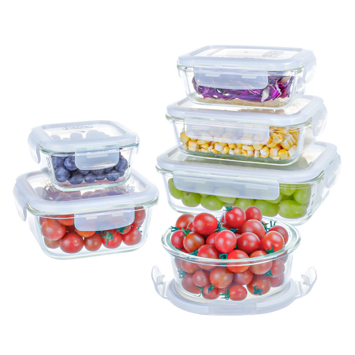 Заводская поставка, оптовая продажа, герметичный высокогерметичный боросиликатный стеклянный кухонный контейнер для хранения еды, контейнер для еды с закрывающей крышкой