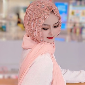 Voile islamique haut de gamme 2026 à pampilles perlées - Châle foulard en mousseline de soie à dentelle florale artisanale - Product Image 3