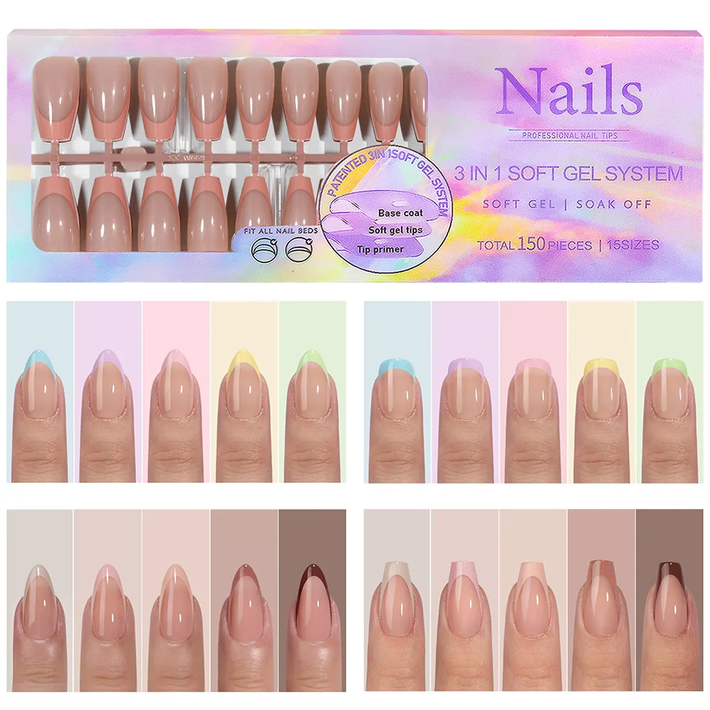 Nail Extensions Nude Color Short Press on Nails Design French Tip Full Cover Acrylic False Nails