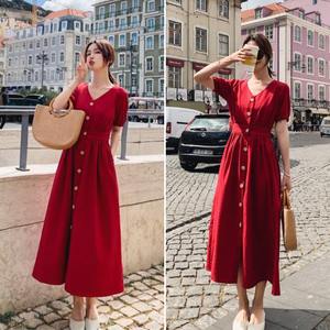 Nuovo abito camicia gonna a campana con collo a V in cotone e <span class=keywords><strong>lino</strong></span> <span class=keywords><strong>misto</strong></span> <span class=keywords><strong>misto</strong></span> a maniche corte abito monopetto - Product Image 3