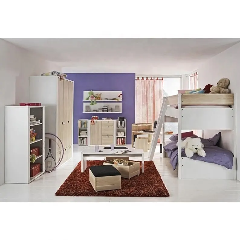 High Quality MDF Baby Kid's Bunk Beds Stairs White Twin Children Double Sleeping Bed Wooden Girls Bedroom Set