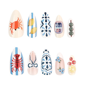 Faux ongles à presser bleus <span class=keywords><strong>et</strong></span> blancs à motif céramique 3D Baies Citron Cerise Tomate, finition douce, forme amande française, taille moyenne - Product Image 3