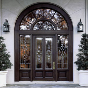 Villa Antique double portes d'entrée en <span class=keywords><strong>bois</strong></span> sculpté en noyer massif avec des lumières latérales en vitrail conçues portes d'entrée en verre - Product Image 1