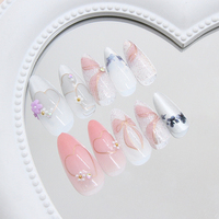 24 Pièces Ongles Artificiels Forme Amande avec Ligne Dorée, Cœur Nœud et Dégradé, Couverture Complète, Ongles à Pression pour Doigts, Fournisseur en Gros