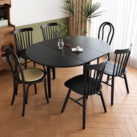 Französischer Retro-Esstisch aus Massivholz, Ausziehbar Rund/Quadratisch, Schwarzer Mid-Century Modern Tisch für Kleine Wohnungen