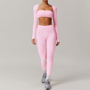 OEM femmes Yoga Leggings Set Sports Tube Top Crop Smock à manches longues à capuche Zipper Jacket Outdoor Running Pants Gym Fitness Sets - Product Image 5