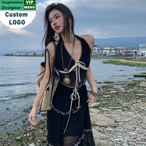 Ensemble de soirée élégant pour femme, couleur unie, avec haut tendance et jupe sexy à col halter, collection été 2025 de haute qualité - Product Image 3
