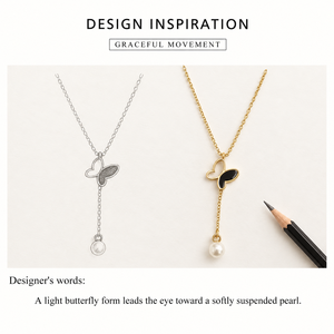 สร้อยคอผีเสื้อสแตนเลสสตีลชุบทอง 14K แบบสุญญากาศเคลือบสีดำพร้อมจี้มุกเทียม - Product Image 3