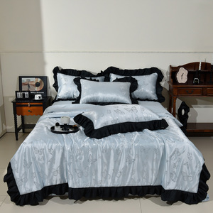 Parure de lit de luxe en soie lavée, motif papillon, bordure volantée noire, jacquard blanc, drap plat rafraîchissant et fin toutes saisons, taille Queen - Product Image 6