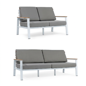 Outdoor Garden <b>Sofa</b> Double Seater Patio Couch Aluminum <b>Frame</b> Cushioned Seats <b>Wood</b> Grain Armrests - Product Image 1