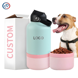 OKKPETS Custom logo 1L 32oz Travel Camping Insulated Stainless Steel Double Wall 2 in 1 Dog Water Bottle with Food Container