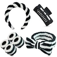 Ensemble de bandeaux, bracelets et pinces à cheveux en peluche pour femmes, noir et blanc, avec nœud moelleux, pour spa, lavage du visage, soins de la peau, accessoires de beauté, cadeau