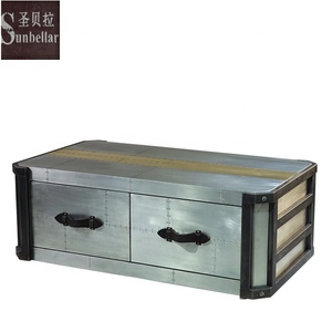 Mesa de Centro <span class=keywords><strong>Industrial</strong></span> Estilo Aviador, Baúl Antiguo de Aluminio Plateado, Mesa con 4 Cajones, Baúl de Almacenamiento - Product Image 4