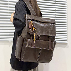 Laptop <b>Backpack</b> Pu Soft Leather Unisex <b>Large</b> Capacity 13 Inches Business Travel Commuter Bag Solid Color Youth Style - Product Image 3