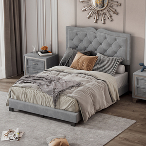 Full <b>Size</b> Upholstered <b>Bed</b> Frame with Rivet Design, Modern Velvet Platform <b>Bed</b> with Tufted Headboard Gray for Bedroom - Product Image 1