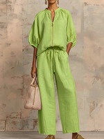 Conjunto de Dos Piezas para Mujer, Color Sólido, Estilo Casual, Holgado, Transpirable, con Top de Media Manga y Pantalones con Cordón, Ideal para Vacaciones