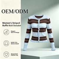ODM/OEM Wanita Elegan Rajutan Bergaris dengan Hiasan Ruffle Berlekuk dan Kancing Depan untuk Pakaian Kasual yang Berkelas