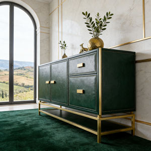 Buffet de luxe en cuir vert foncé avec rivets, couleur et taille personnalisables, cadre en métal plaqué or, <span class=keywords><strong>armoire</strong></span> de rangement - Product Image 1