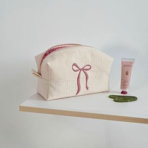 Custom Bow Embroidery Eco-Friendly Cotton Makeup Bags Travel Zipper for Bag Women for Gingham Inner <b>Cosmetic</b> <b>Organizer</b> - Product Image 6