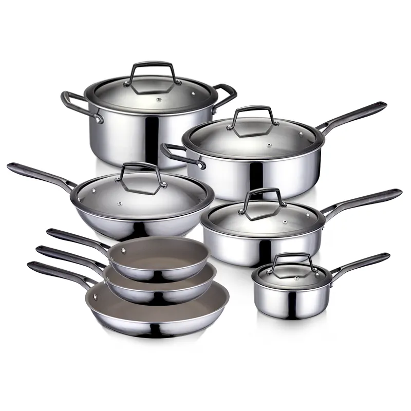 Peralatan masak Titanium tidak lengket, peralatan masak Set campuran tanpa lapisan 304 Stainless Steel tiga lapis dan 403 tanpa lapisan kimia