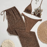 Ensemble de bikini triangle à bretelles en sequins marron pour femmes, ensemble de 3 pièces pour les vacances à la plage, maillot de bain en résille, vêtements de plage