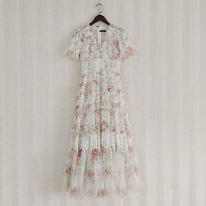 2025 automne décontracté col en V robe florale robuste à manivelle maille imprimé jupe dentelle mousseline de soie grand ourlet champignon bord couches - Product Image 6