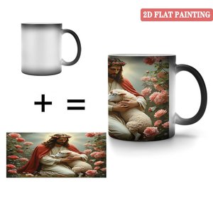 Mug isotherme noir givré 11 oz avec impression artistique Jésus et agneau, idéal pour un cadeau religieux - Product Image 1