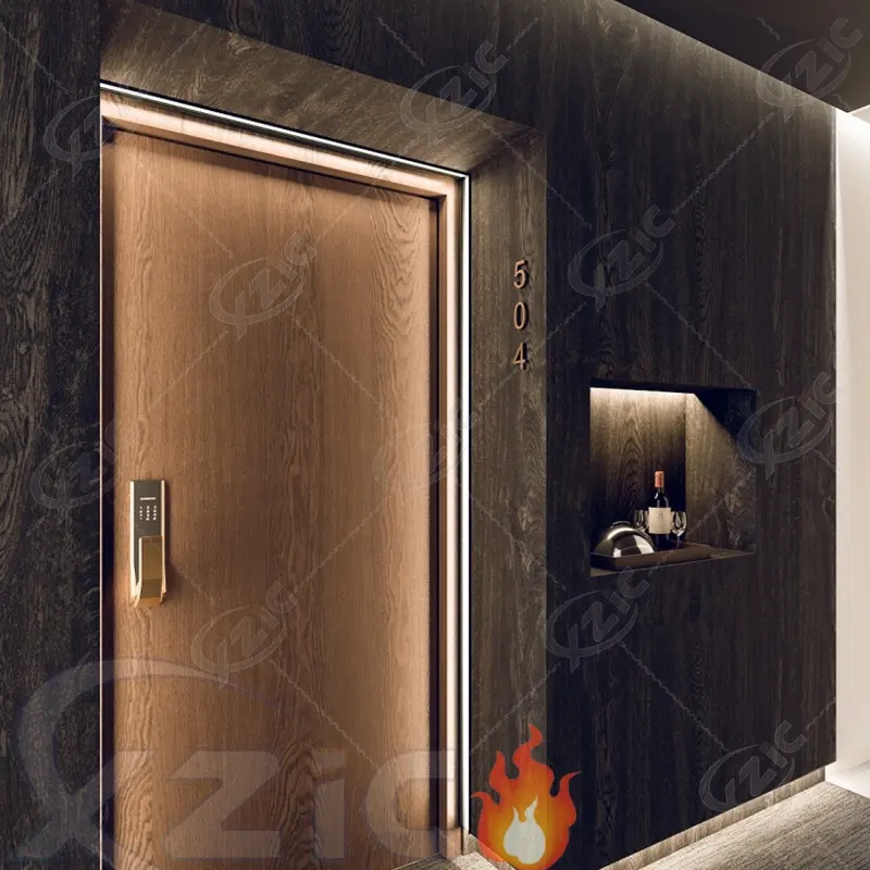 ホテルインテリア装飾ULリスト耐火ベニアラミネート耐火商業用木製ドアデザインホテルドア防火ドア