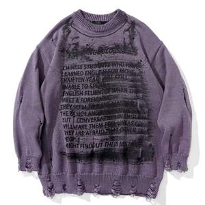 Purple Men's Knitted <b>Pullover</b> <b>Sweater</b> with Ripped Design and Letter Printing Autumn Style - Product Image 1