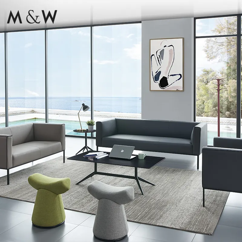 M & W Comercial Mais Recente Design Escritório Couro Seccional 3 Seater Sofá Conjuntos