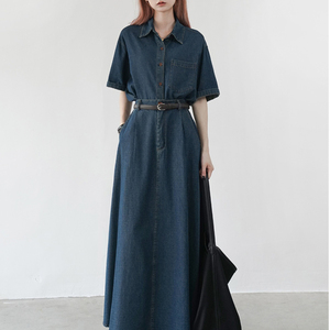 Mode féminine col roulé personnalisé confortable classique marine ensemble de costume en jean décontracté manches courtes haut midi jupes plissées ensemble deux pièces - Product Image 2