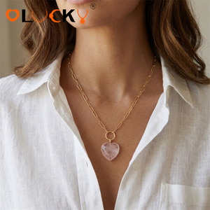 LUCKYJIU Fabricants de bijoux personnalisés Collier avec <span class=keywords><strong>pendentif</strong></span> en forme de cœur en quartz rose plaqué or 18 carats en acier inoxydable imperméable pour femmes - Product Image 3