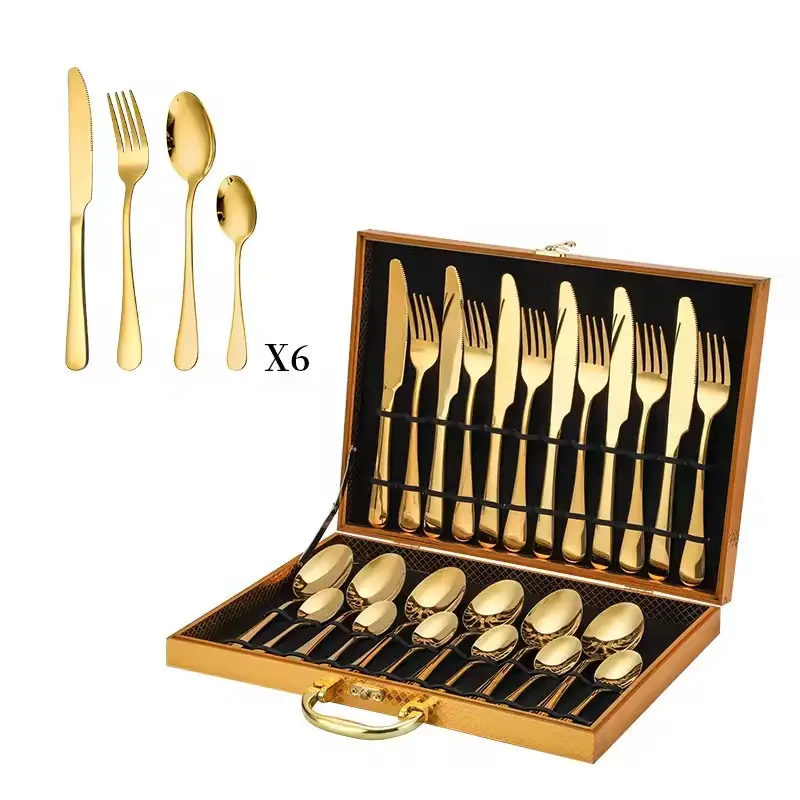 Sáng bóng gương mạ vàng Flatware tổ chức sự kiện đám cưới thép không gỉ thiết lập dao kéo 24 Piece vàng hộp gỗ thiết lập dao kéo