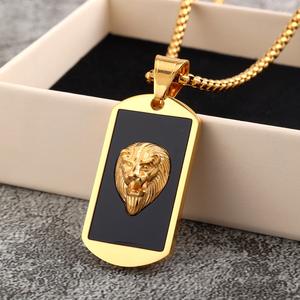 Stainless Steel Lion Pendant Necklace Black Enamel Gold Tone <b>Dog</b> <b>Tag</b> <b>For</b> <b>Men</b> Women Gift Jewelry - Product Image 2