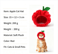 Chapeau en peluche douce pour animaux de compagnie en forme de pomme, coiffe élastique mignonne pour chat, accessoire amusant pour chaton pour les fêtes, le cosplay et la photographie