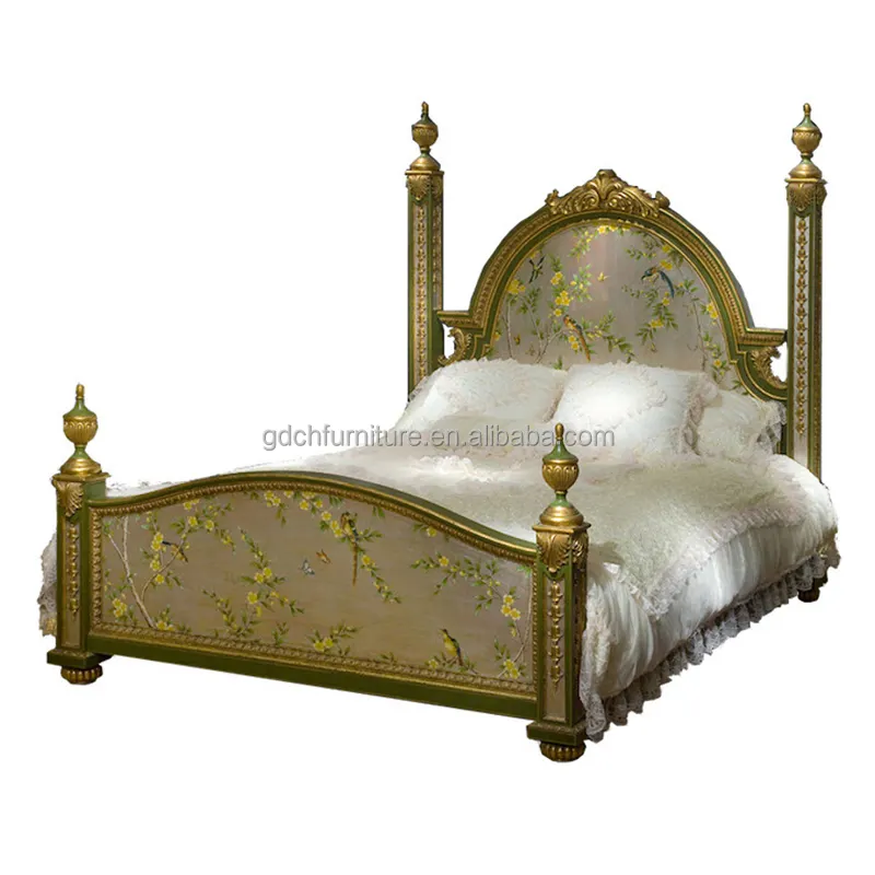 Luxe Klassieke Rococo Franse Bed Houten Frame Kingsize Bed Set Voor Slaapkamer Meubels Handwerk Schilderen Massief Houten Bed