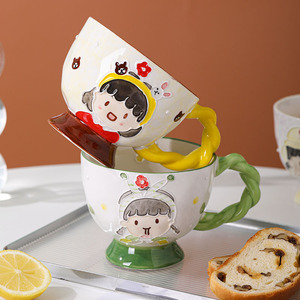 Taza de Desayuno de Cerámica con Doble Relieve Pintado a Mano, Gran Capacidad, Diseño de Niña de Dibujos Animados, para Navidad, Avena, Agua, Leche, Café - Product Image 2
