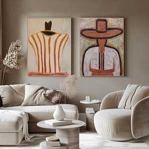 OEM ODM Ensemble de 2 figurines en acrylique, Peintures abstraites de cow-boy du Far West, Art mural vintage de couple sans visage, Décoration sur toile texturée - Product Image 3