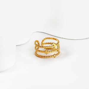 Anillos Abiertos de Tres Capas con Cuentas de Acero Inoxidable Personalizados, Anillo de Moda Chapado en Oro de 18K con Diseño de Luna y Estrella para Mujer - Product Image 1