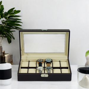 Boîte à montres en cuir PU marron durable et anti-poussière à <span class=keywords><strong>12</strong></span> emplacements pour hommes, vente en gros personnalisée Sonny - Product Image 2