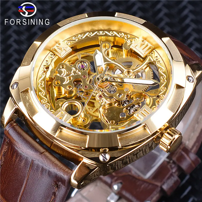 Hot selling New forsining transparent skeleton gold waterproof men's fashion leisure sophisticated mechanical watch