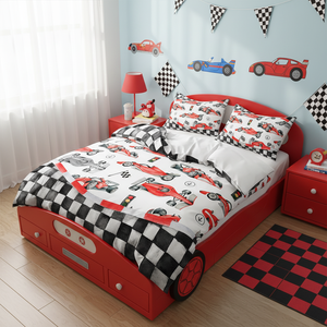 काले और सफेद झंडा लाल रेसिंग कार प्रिंट बच्चों के कमरे में एकल बिस्तर बिस्तर सेट बेडरूम डवेट कवर सेट - Product Image 2