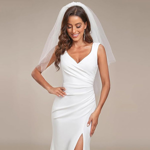 White Halter Neck Sheath Wedding Dress With Slit And Fishtail Skirt For Banquet Events - Product Image 3