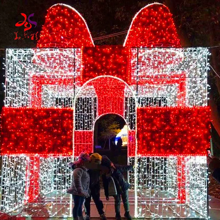 Arco gigante exterior ip65, arco branco vermelho, grandes caixas de presente, luzes para centro de compras, decorações de natal
