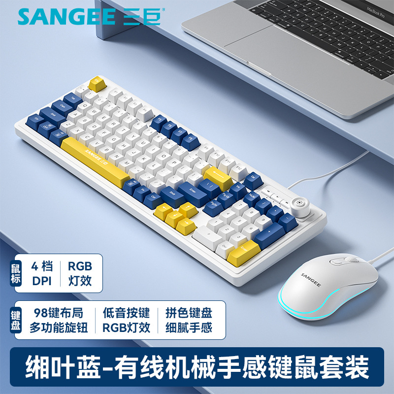 Clavier et souris tricolores avec bouton [Yellow Leaf Blue]