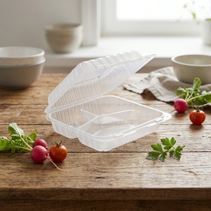 Contenedores de comida para llevar con bisagras MFPP, tipo clamshell, aptos para restaurantes, de calidad alimentaria, transparentes, para microondas. - Product Image 1