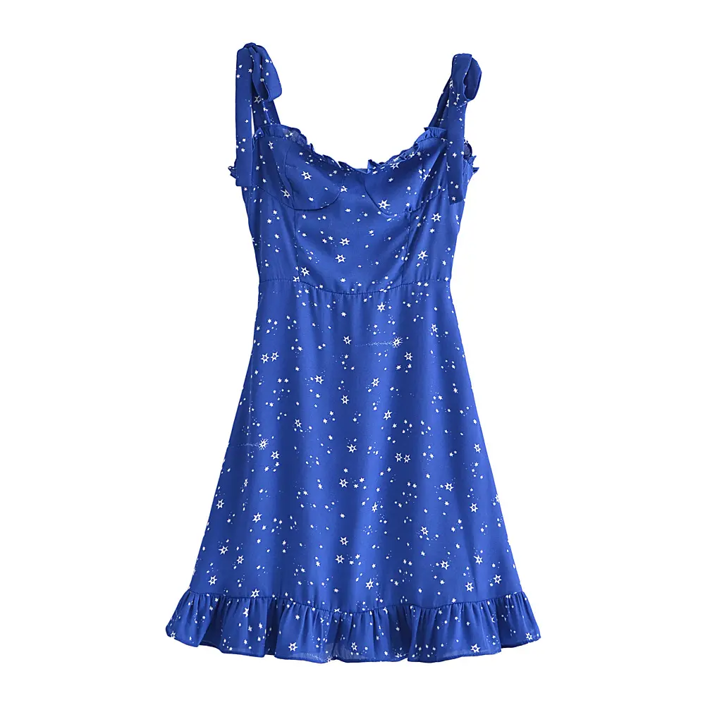 Bow tie shoulder strap blue color star printed women fashion summer trending casual mini dress