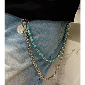 <b>Blue</b> <b>Beaded</b> Denim Chain With Silver Metal Link Punk Style Waist Chain For Youth Streetwear Accessory - Product Image 1