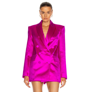 गर्म गुलाबी साटन रेशम ब्लेजर्स देवियों महिलाओं सूट शीर्ष स्कर्ट रंगीन जाकेट सेट - Product Image 3