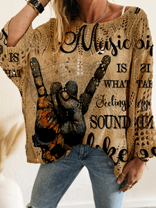 Women's Rock Graphic Knit Top 2026 Summer Oversized Music <strong>Slogan</strong> Printed Pointelle Mesh Sweater Grunge Narrative <strong>Jumper</strong> - Product Image 1